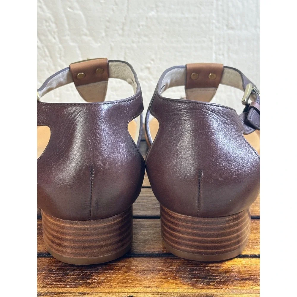 Michael Kors Sandals Women's 10 T-Strap Ankle Buckle Brown Leather Block Heel - Picture 4 of 12